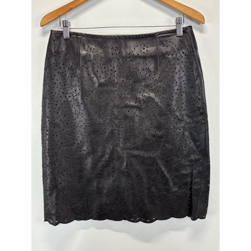 Vtg Lillie Rubin Leather Skirt Sz 10 Chocolate Brown Laser Cut Pencil Lined